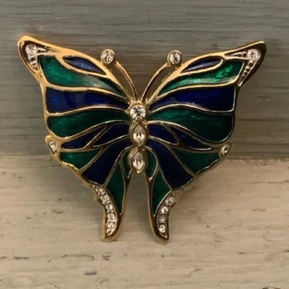 Beautiful‎ Green Black Rhinestone Gold Butterfly Brooch Pin Good Condition